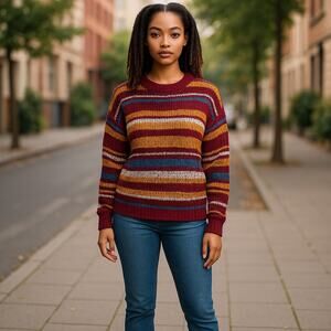 Love by Chesley Womens Sweater Sz M Burgundy Gold Blue Multi Stripe